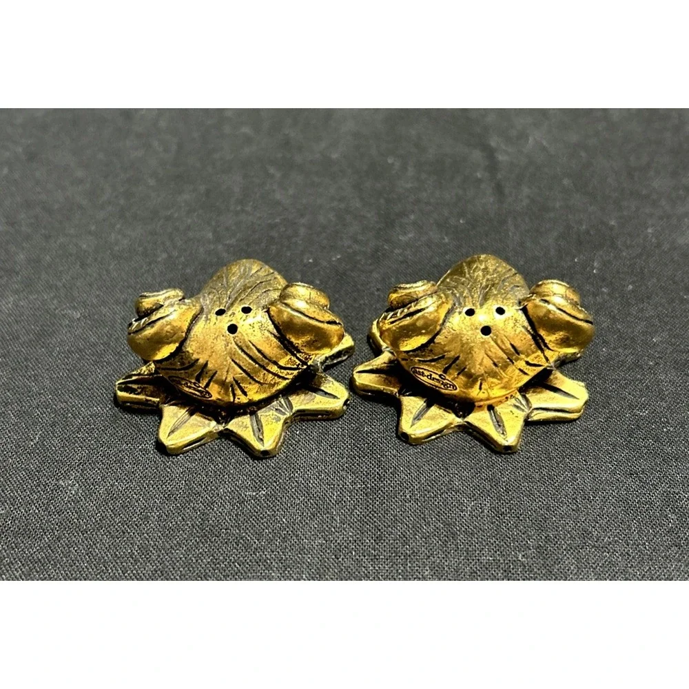 Frog Head Salt & Pepper Shakers Brass Toned Glass by AST Designs Figural Whimsy